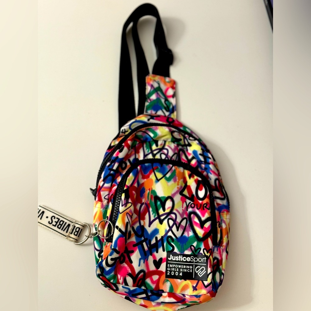 Justice Girls One Shoulder Sling Backpack w Graffiti Pattern! Keychain/Logo RDY!